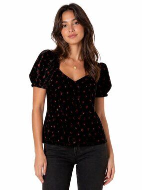 NWOT LOFT Black Velvet Red Floral Puff Sleeve Sweetheart Top XS Cottagecore